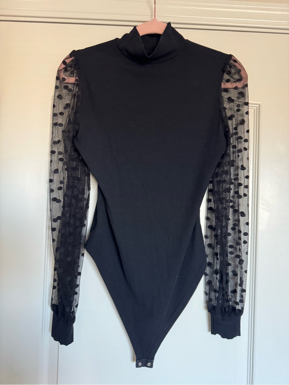 Black Polka Dot Mesh Sleeve Mock Neck Bodysuit